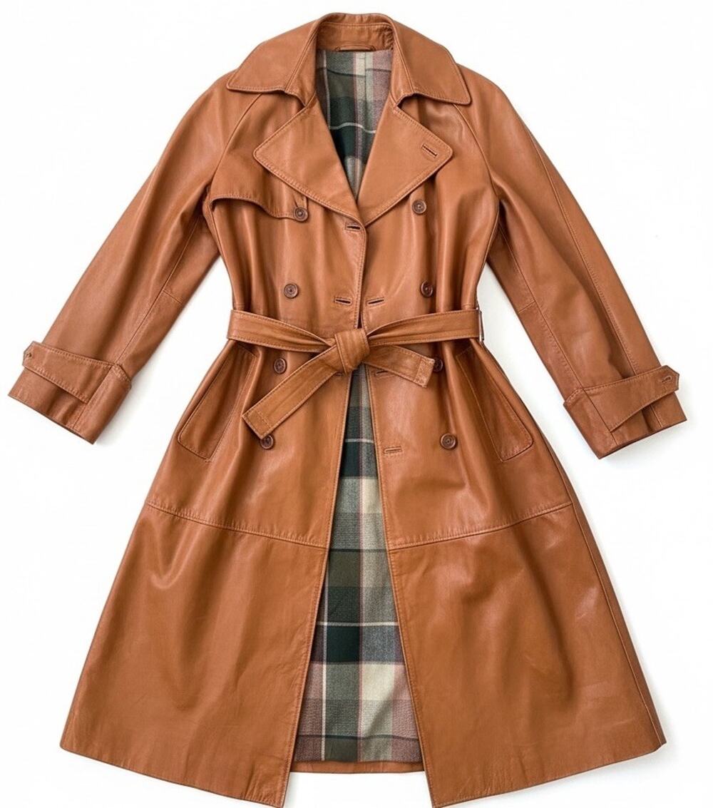 VTG 70s Italian Cognac Leather Trench Coat S LONG Double Breasted Plaid Lined